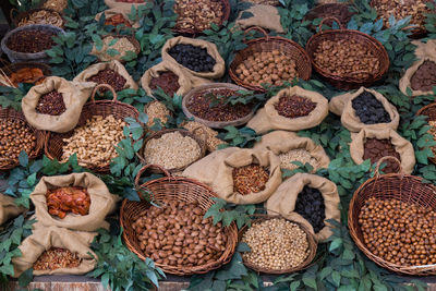 High angle view of various dried food displayed at market stall