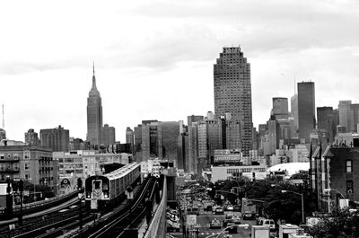 Empire state building in city against sky