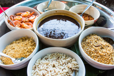 High angle view of breakfast on table