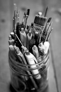 High angle view of pen holder on desk