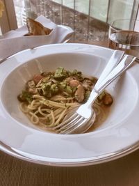 High angle view of food in plate on table