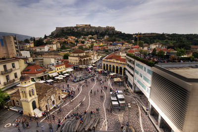 High angle view of street amidst buildings in town