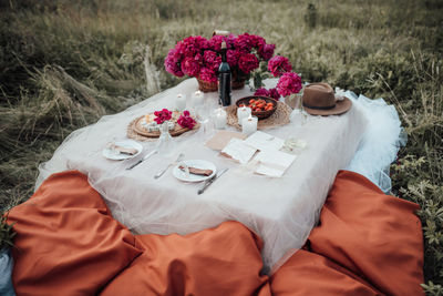 High angle view of rose on table