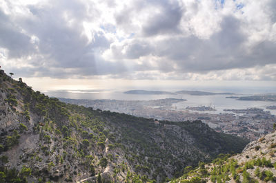 Scenic view of sea against cloudy sky