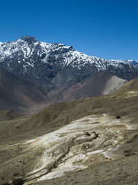 Scenic view of snowcapped mountains against clear blue sky