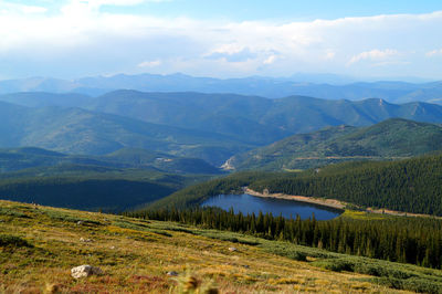 Scenic view of lake and mountains against sky