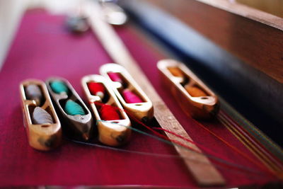 High angle view of colored pencils on table