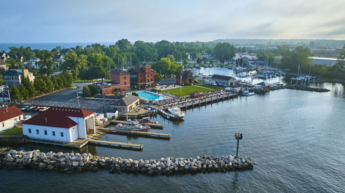 Boats moored at harbor