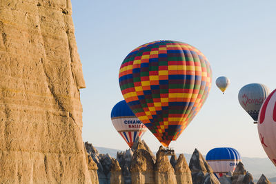 Low angle view of hot air balloon against clear sky