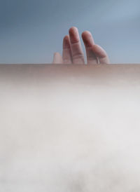 Close-up of hand holding wood against sky