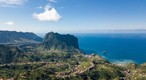 Aerial view of penha d'aguia mountain at porto da cruz, madeira island. aerial shot