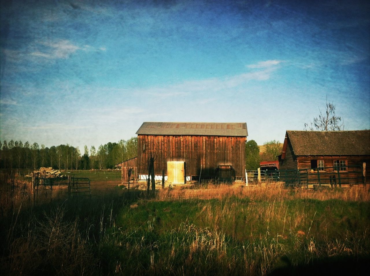 building exterior, architecture, built structure, house, sky, field, rural scene, grass, residential structure, farm, landscape, agriculture, village, tree, residential building, cloud - sky, growth, plant, day, nature