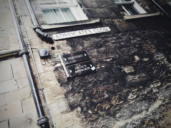 High angle view of text on building