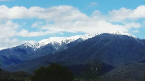 Scenic view of mountains against cloudy sky