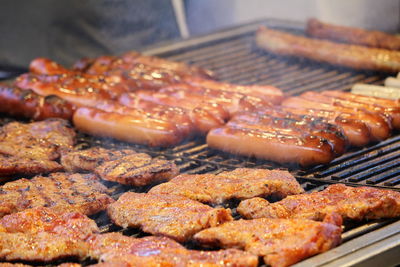 Close-up of meat on barbecue grill