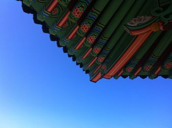 Low angle view of temple against clear blue sky