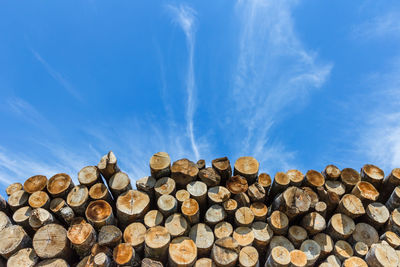 Stack of logs against blue sky