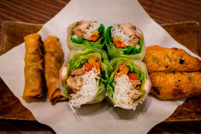 High angle view of food served on table