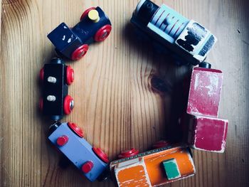 High angle view of toys on table