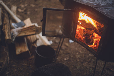 Close-up of fire on log in forest