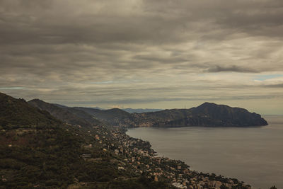 Scenic view of sea and mountains against sky