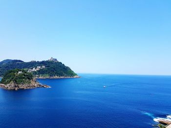 Scenic view of sea against clear blue sky