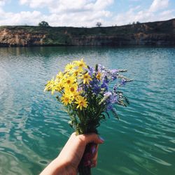 Cropped image of hand holding flower by lake against sky