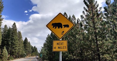 Road sign by trees against sky