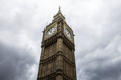 Low angle view of clock tower against cloudy sky