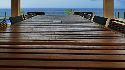 Surface level of empty swimming pool against sky