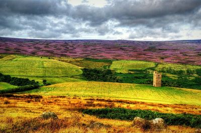 Scenic view of grassy field against cloudy sky