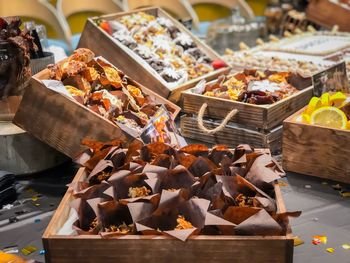 High angle view of food for sale at market stall