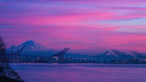 Scenic view of sea port , against sky during sunset