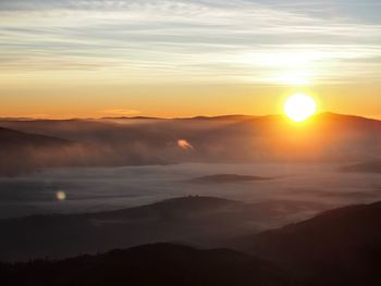 Scenic view of sea and mountains during sunset