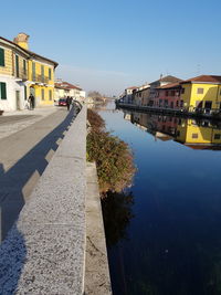 Canal amidst buildings against clear sky on sunny day