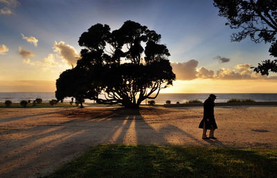 Silhouette man standing on field against sky during sunset