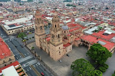 High angle view of buildings in city