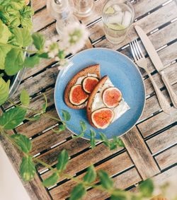 High angle view of breakfast served on table