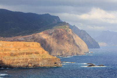 Scenic view of sea and mountains against sky