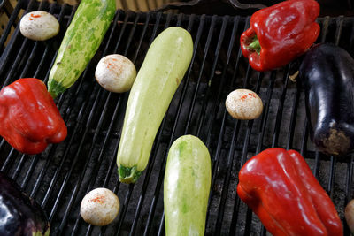 High angle view of vegetables on barbecue