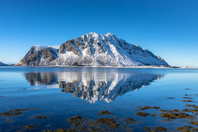 Reflection of snowcapped mountains in lake against clear blue sky