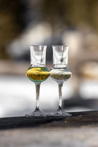 Two grappa schnapps glasses in cortina d'ampezzo, italy