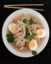 High angle view of noodles in bowl on table