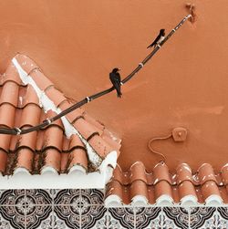High angle view of roof tiles against wall