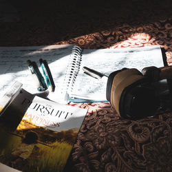 High angle view of coffee cup on table