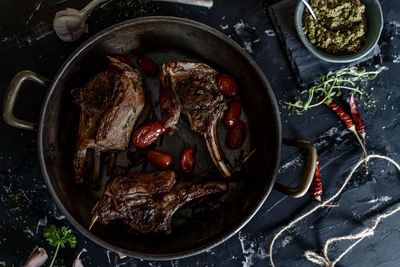 High angle view of meat in cooking pan
