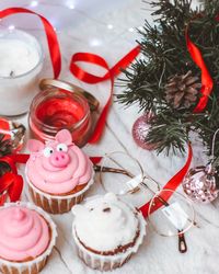 High angle view of christmas decoration on table