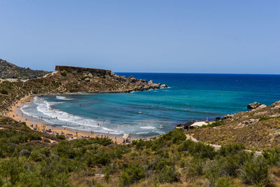 Scenic view of sea against clear blue sky