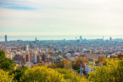 High angle view of city buildings against sky