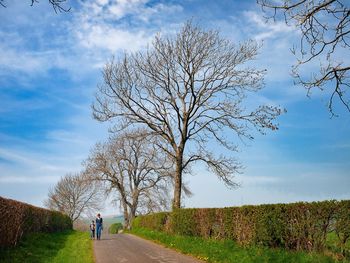 Woman and boy walking on road by bare trees against sky